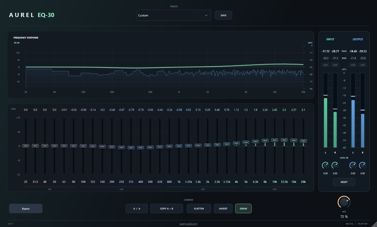 Aurel EQ-30 interface showing its frequency response, 30 band faders, presets, comparison controls and stereo meters